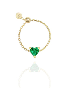 Lisette Emerald Heart Adjustable Chain Ring | Gold Plated 925 Sterling Silver
