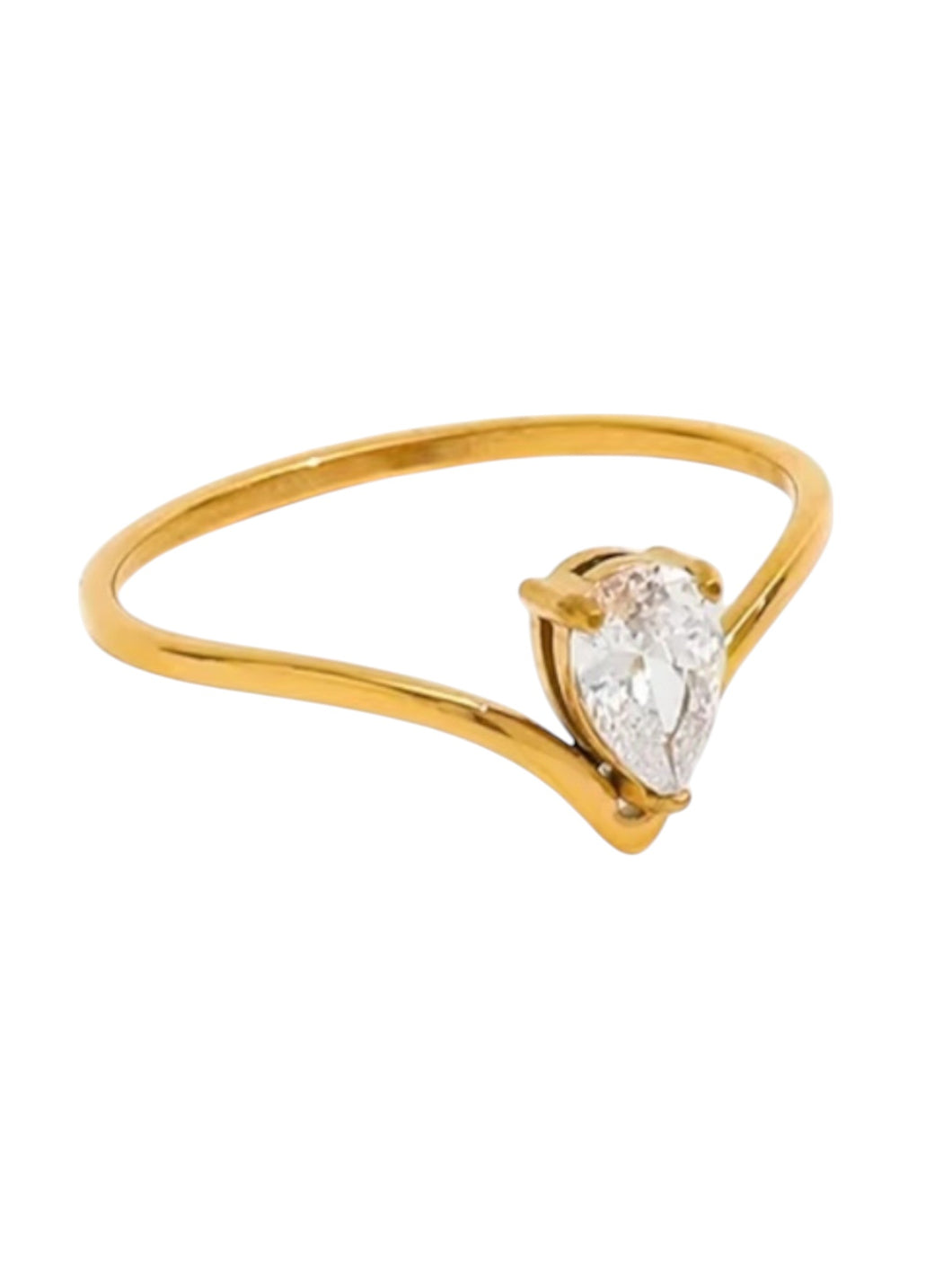 V Pear Shaped Diamond Ring  | Stainless Steel Gold Plated