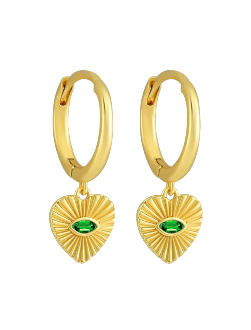 Ella Emerald Heart Drops Huggies | Gold Plated 925 Sterling Silver