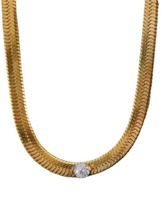 Coraline Single Solitaire Diamond Herringbone Gold Necklace | Stainless Steel Gold Plated