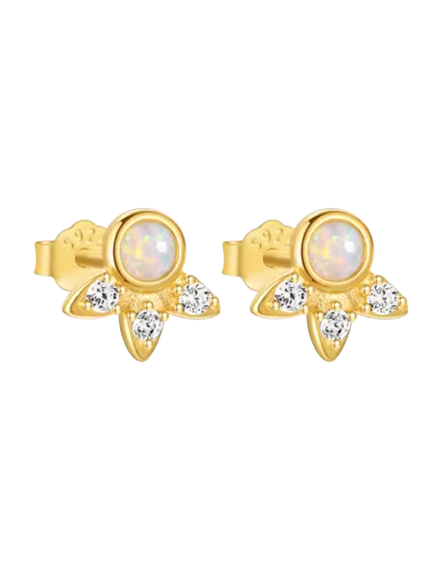Eirene Opal Triple Diamond Gold Studs | Gold Plated 925 Sterling Silver