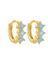Load image into Gallery viewer, Ayla Triple Solitaire Moonstone Gold Huggies | Gold Plated 925 Sterling Silver
