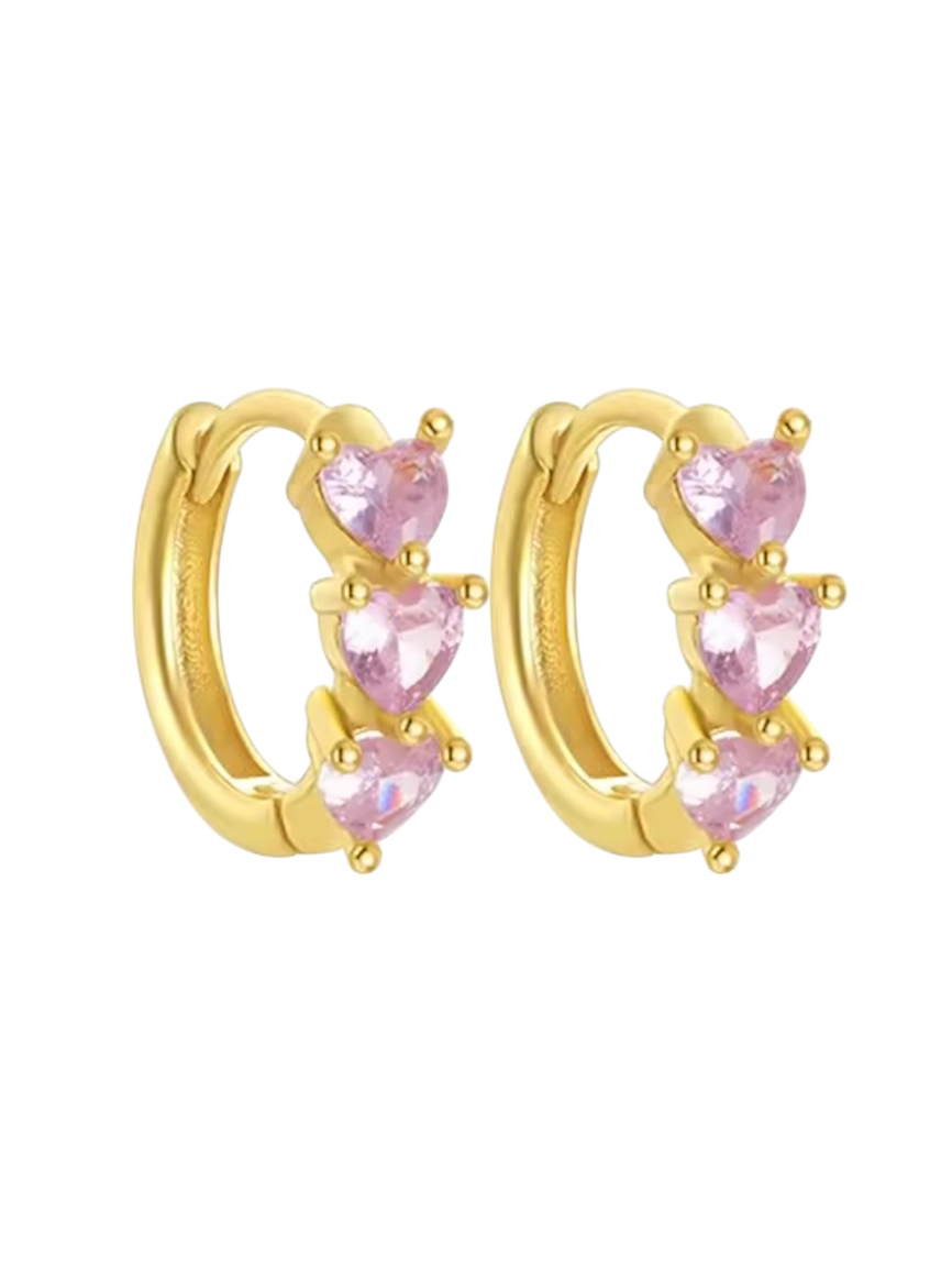 Persephone Triple Pink Crystal Heart Gold Huggies | Gold Plated 925 Sterling Silver