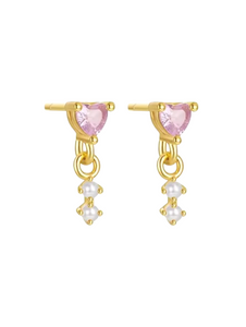 Priscilla Pink Heart Gold Pearl Drop Studs | Gold Plated 925 Sterling Silver
