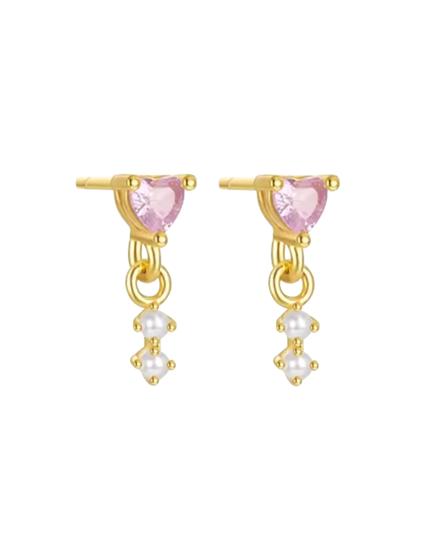 Priscilla Pink Heart Gold Pearl Drop Studs | Gold Plated 925 Sterling Silver