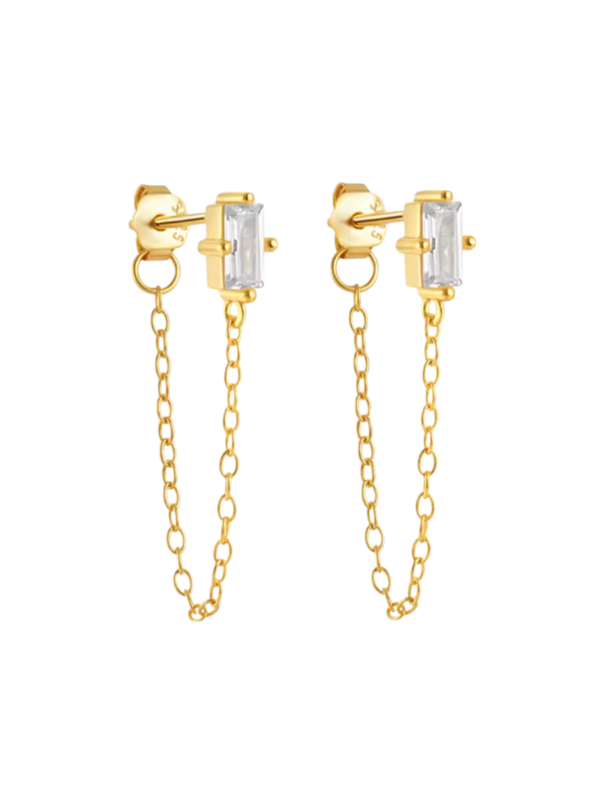 Billy Baguette Chain Drops Studs | Gold Plated 925 Sterling Silver