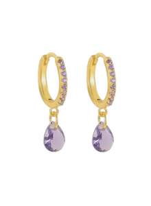 Petra Purple Pear Crystal Drops Gold Huggies | 925 Sterling Silver