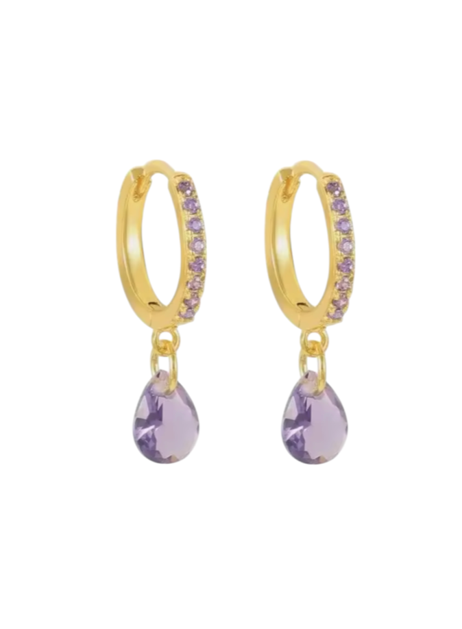 Petra Purple Pear Crystal Drops Gold Huggies | 925 Sterling Silver