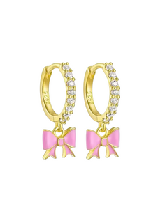 Petunia Pink Enamel Bow Drops Gold Huggies | Gold Plated 925 Sterling Silver