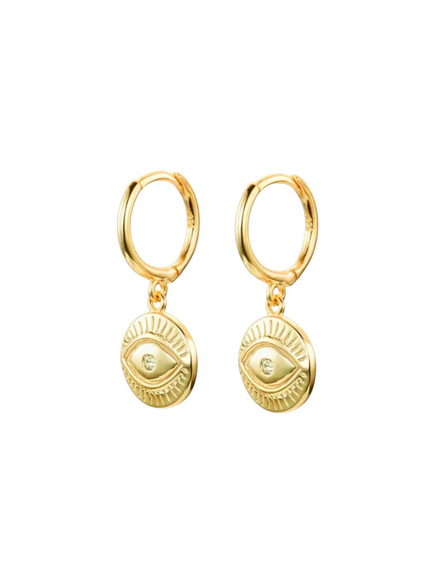 Ermelinda Evil Eye Gold Disc Drop Huggies | Gold Plated 925 Sterling Silver