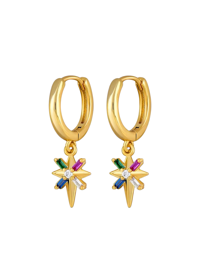 Mirella Multi Gem North Star Drop Gold Huggies | Gold Plated 925 Sterling Silver