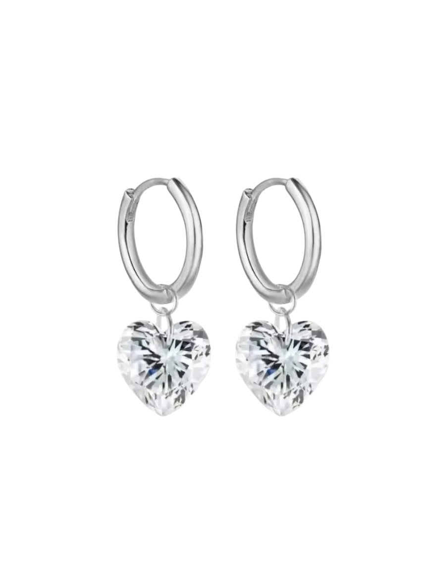 Elara Crystal Heart Drops Silver Huggies | 925 Sterling Silver