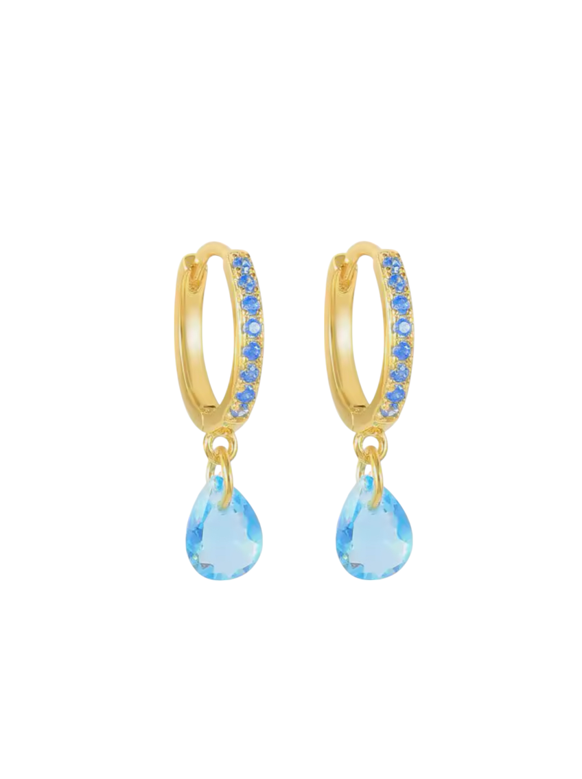 Petra Pear Blue Drops Gold Huggies | Gold Plated 925 Sterling Silver
