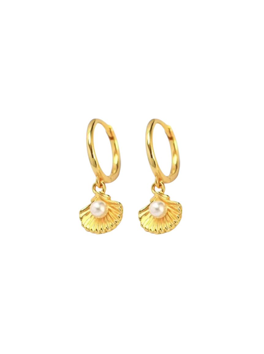 Pavlina Pearl Seashell Drops Gold Huggies | Gold Plated 925 Sterling Silver