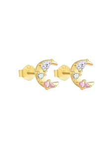Stormy Moon Diamond Pink Gem Gold Studs | Gold Plated Stainless Steel