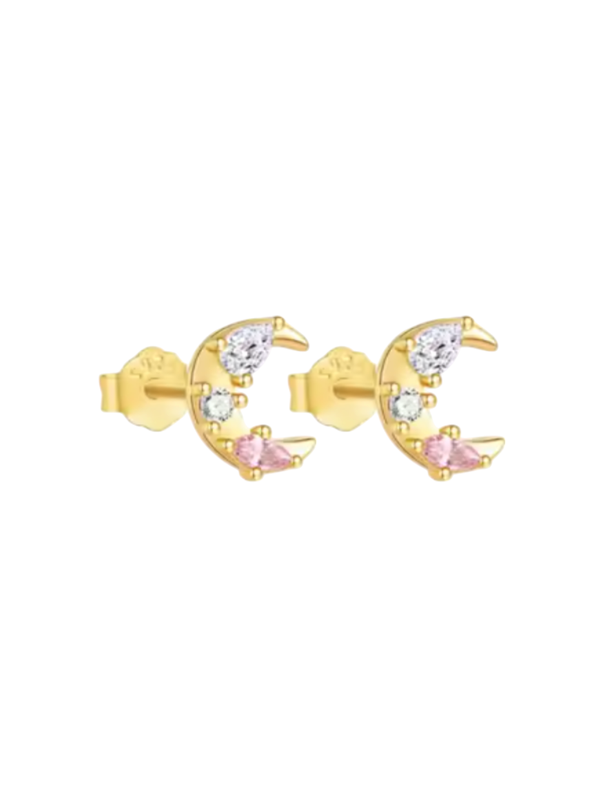 Stormy Moon Diamond Pink Gem Gold Studs | Gold Plated Stainless Steel