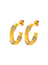 Load image into Gallery viewer, Trinity Triple Multi Diamond Band Gold Hoops | Gold Plated Stainless Steel
