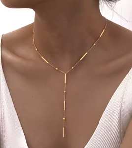 Bernice Ball & Rectangle Gold Lariat  | Gold Plated Stainless Steel