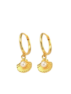 Pavlina Pearl Seashell Drops Gold Huggies | 925 Sterling Silver Gold Plated