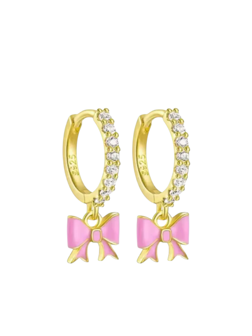 Petunia Pink Enamel Bow Drops Gold Huggies | 925 Sterling Silver Gold Plated