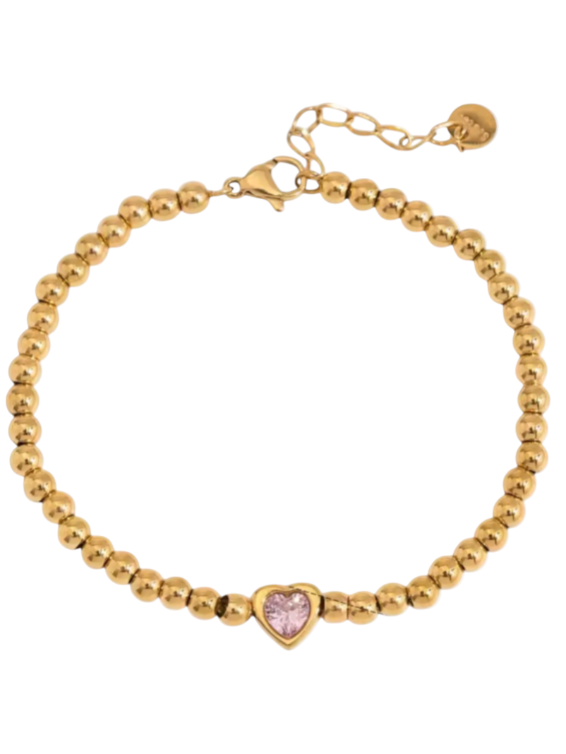 Pink Heart Beaded Gold Bracelet | Stainless Steel Gold Plated