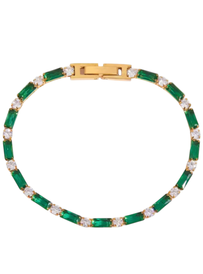 Diamond and Emerald Baguette Bracelet | Stainless Steel Gold Plated