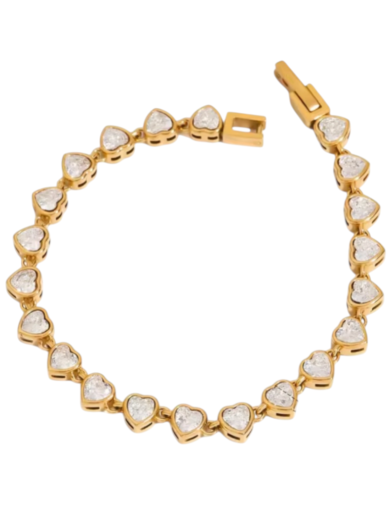 Diamond Heart Tennis Bracelet | Stainless Steel Gold Plated