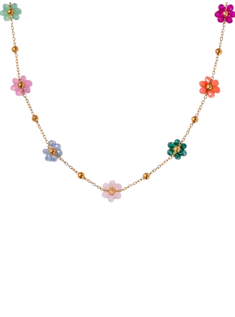 Multicolor Beaded Flower Necklace | Stainless Steel Gold Plated