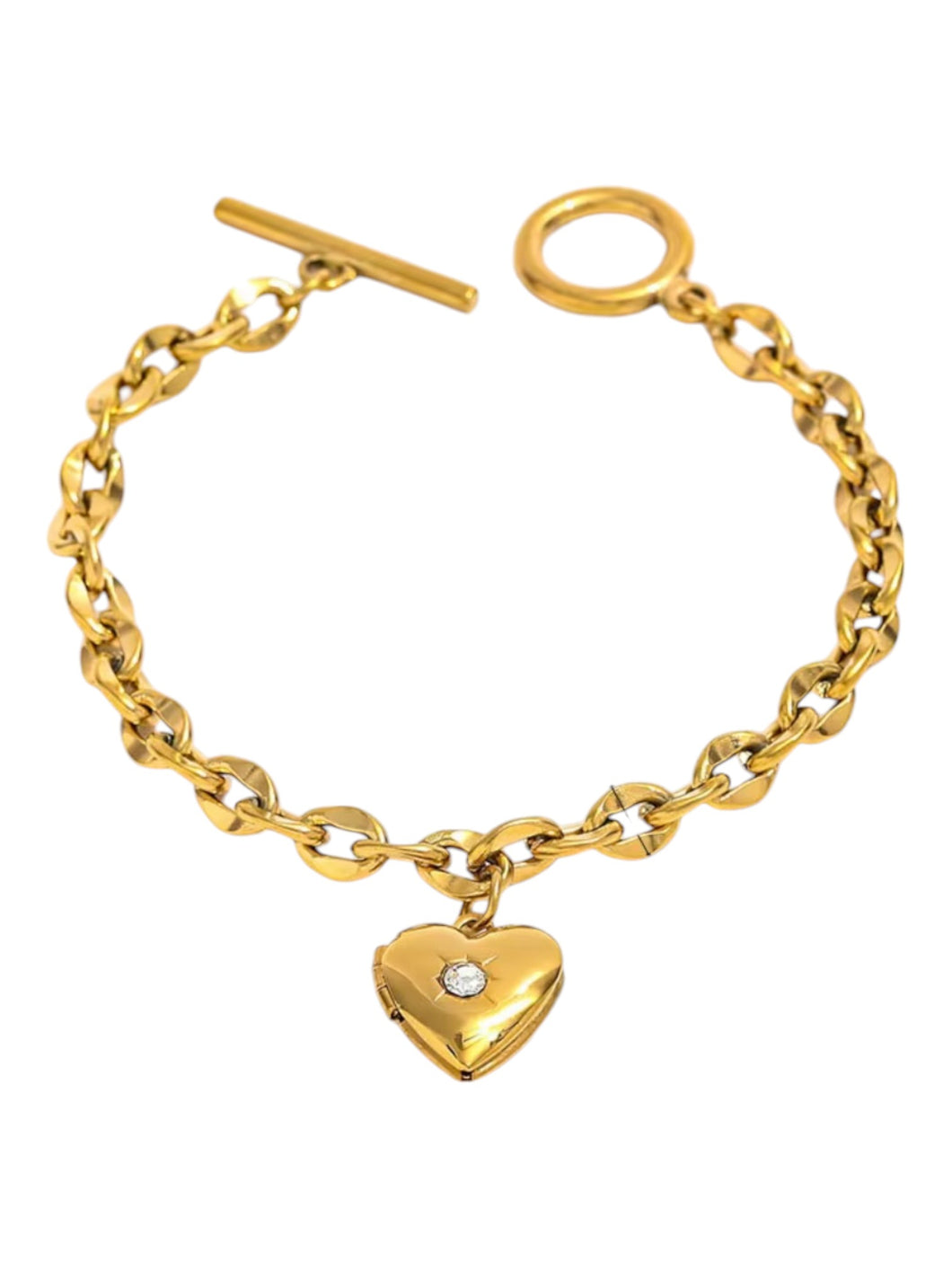 Suzette Solitaire Heart Locket Gold Bracelet | Gold Plated Stainless Steel